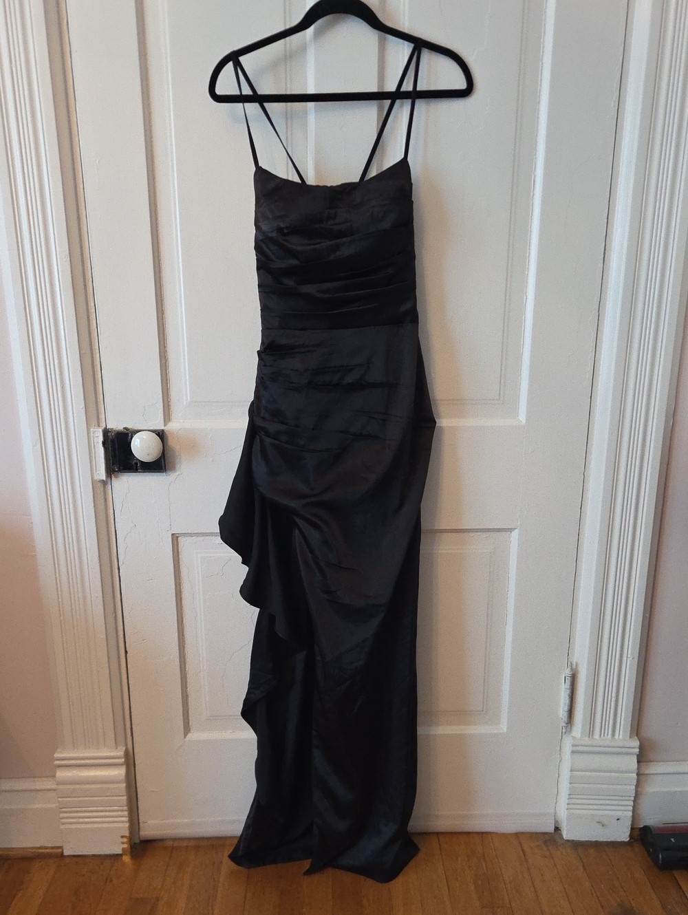 Black Satin Spaghetti-Strap Evening Dress